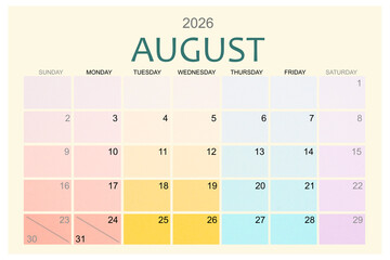 August 2026 Colorful calendar page isolated on white background.