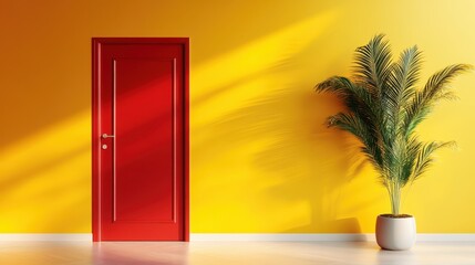 An eye-catching red door stands prominently against a bright yellow wall, creating a striking visual contrast that symbolizes opportunity and new beginnings in design.