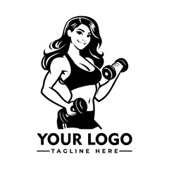 Strong fit woman lifting dumbbells in workout gear, black and white cartoon vector illustration
