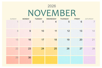 November 2026 Colorful calendar page isolated on white background.