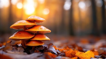 A vibrant cluster of orange mushrooms emerging from a carpet of autumn leaves, reflecting nature's beauty and diversity in a serene forest setting at sunset for nature lovers.
