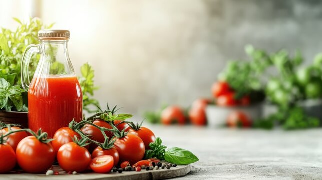 A vibrant still life featuring fresh tomatoes beside a bottle of tomato juice on a rustic wooden platter, highlighting fresh ingredients and their culinary versatility in cooking.