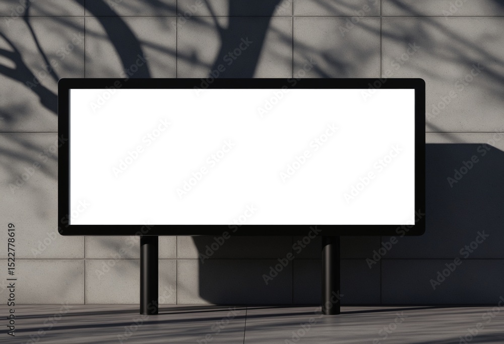 Poster minimalist blank billboard on a black pole, set against a gray concrete wall with tree branch shadow