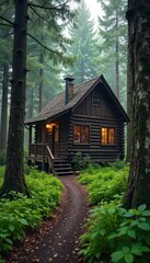 Fototapeta premium Secluded cabin nestled deep in the woods, far from any neighbors Perfect for a peaceful retreat or private getaway Enjoy the tranquility and solitude of nature's embrace , quiet, mountain