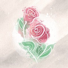 Beautiful watercolor delicate roses on a textured beige background, hand-drawn illustration. Sticker, postcard, sketch, watercolor flower, roses