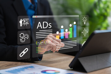 Online market plan to achieve sales targets, ADs, management concept, Businesswomen analyse online marketing planning, Promotion schedule video marketing ideas, Playing online advertising websites