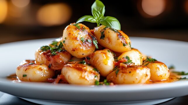 An appetizing plate of golden gnocchi, garnished with fresh basil, showcases a delightful Italian dish that embodies comfort food, perfect for culinary enthusiasts and home cooks alike.