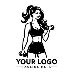 Strong fit woman lifting dumbbells in workout gear, black and white cartoon vector illustration
