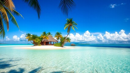 A secluded tropical island with a thatched hut and a palm tree, surrounded by clear water. An ideal place for rest and relaxation away from the bustle of the city.