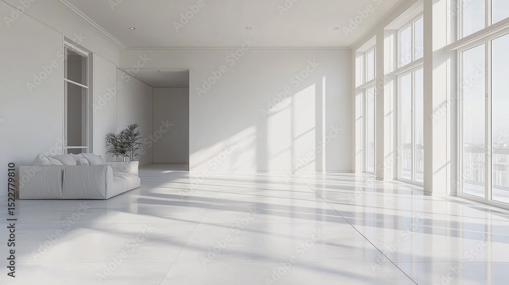Poster Open minimalist interior with large windows illuminating Scandinavian design features in a bright space