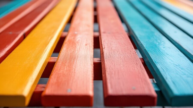A close-up view of colorful wooden slats arranged in a pattern, showcasing vibrant colors and textures that evoke creativity and a playful artistic vibe.