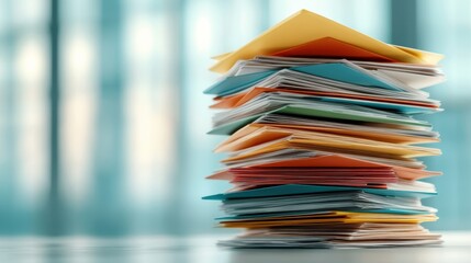 A neat stack of colorful paper files provides an organized impression in a blurred office background, symbolizing productivity, creativity, and the art of managing information effectively.