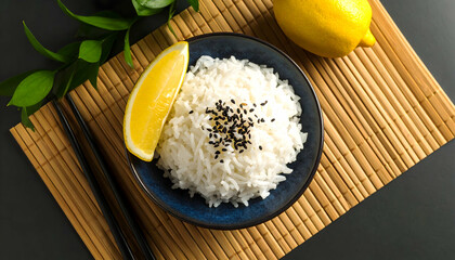 Delicious Bowl of Steamed Rice with Lemon and Sesame Seeds