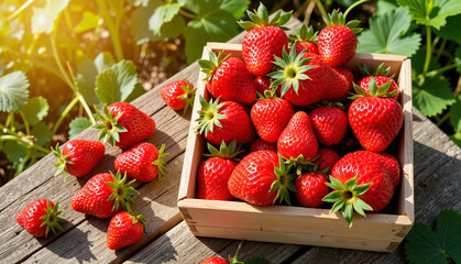 Fresh strawberries in wooden crate on table in sunny garden  