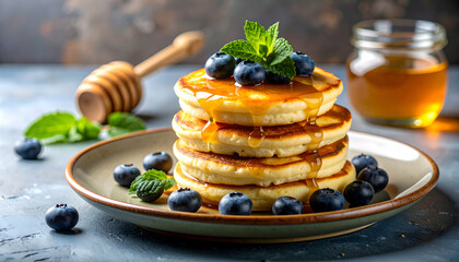 Delicious Stack of Pancakes with Honey and Blueberries