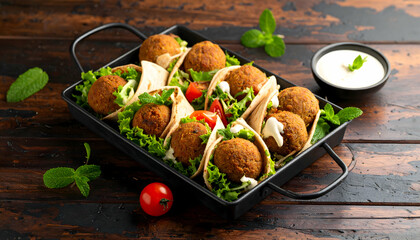 Falafel Pitas in a Black Tray, Delicious Vegetarian Meal