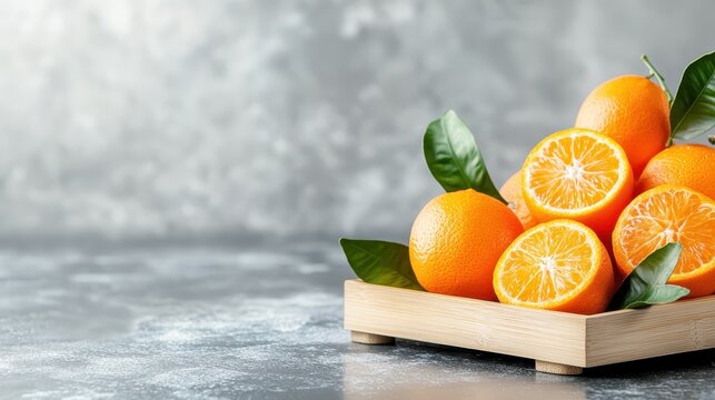 A collection of fresh, vibrant oranges arranged on a stylish wooden tray, representing health, freshness, and the delicious essence of citrus fruits.