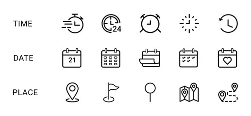 place, time and date liner icon set. position, clock and calendar symbol. business vector design. location, time and date icon for app, ui and website. vector illustration