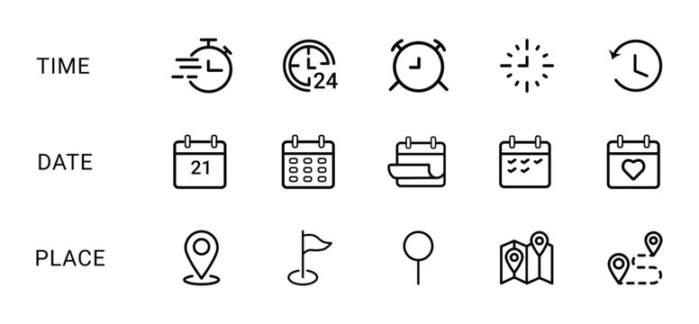 place, time and date liner icon set. position, clock and calendar symbol. business vector design. location, time and date icon for app, ui and website. vector illustration