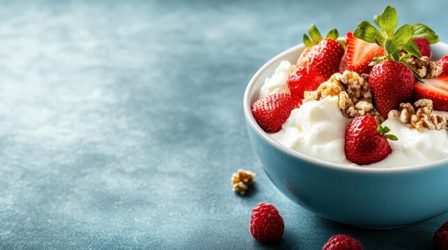 A fresh, vibrant bowl of yogurt topped with juicy strawberries and crunchy nuts is set against a cool blue background, representing healthy eating with a burst of color and flavor.
