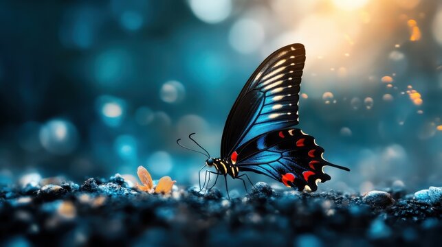 A stunning close-up of abeautiful butterfly resting on the ground, surrounded by a dreamy background that amplifies its natural colors and delicate beauty.