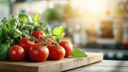 A bountiful arrangement of ripe tomatoes and fresh basil leaves on a wooden cutting board, representing healthy eating and culinary creativity in home cooking.