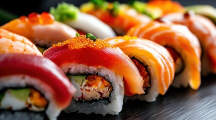 An appetizing assortment of vibrant sushi rolls presented on a sleek black slate platter, designed to entice food lovers and sushi enthusiasts alike.
