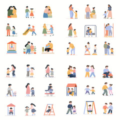 Naklejka premium Cute flat vector illustrations of parents and children enjoying playground activities together including swings, slides, walks, hugs, and playing outdoors.