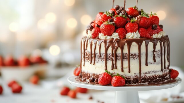 A decadent chocolate strawberry drip cake topped with fresh strawberries and chocolate drizzle, perfect for any celebration or special occasion surrounded by festive atmospheres.