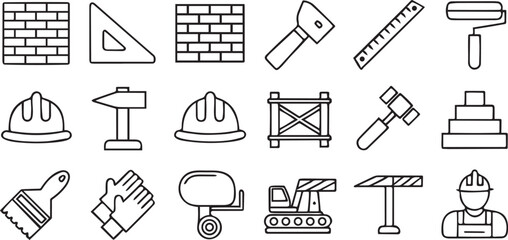 Construction Building Line Art Icon Set – Editable Black Stroke Architectural Vector Icons
