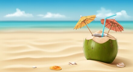 Coconut Drink with Umbrellas on Sandy Beach Summer Vacation Relaxation