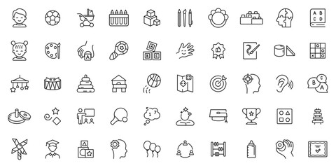 Fine Motor Skills icon set. Preschool Learning, Educational Games. Child development, pre-school educational activities. Memory, speaking, hearing, counting, drawing skills.