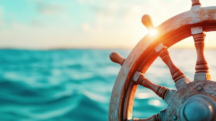 A highly detailed ship's wooden wheel, beautifully illuminated by sunlight, is prominently featured against a tranquil blue ocean background, symbolizing adventure and freedom.