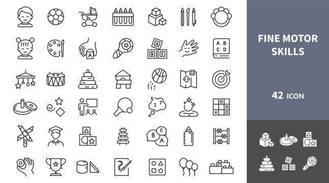Fine motor skills icon set. Children's development. Kids' activity. Pre-school educational games. Training motor skills for toddlers and small children. Vector