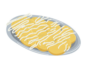 Cartoon of Spanish patatas bravas with allioli vector illustration. Drawing of a classic tapa dish of fried potatoes and garlic mayo sauce