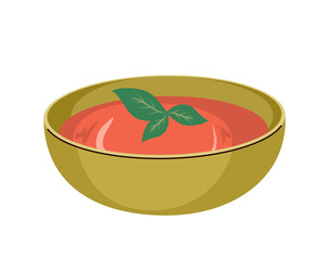 Cartoon vector illustration of traditional Spanish gazpacho served in a bowl. Drawing for food menu, Mediterranean and culinary cuisine