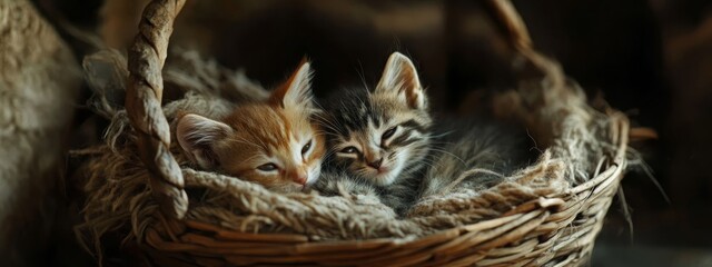 little kitten sitting in a wicker basket, Generative AI,