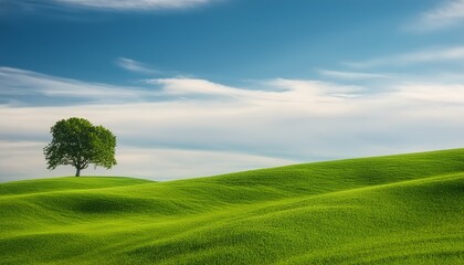 Obraz premium Tranquil landscape of undulating green hills with a solitary tree against a blue sky