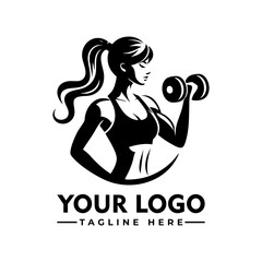 Strong fit woman lifting dumbbells in workout gear, black and white cartoon vector illustration
