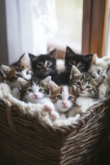 little kitten sitting in a wicker basket, Generative AI,
