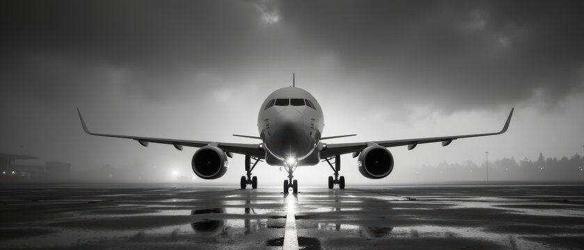 Dramatic airplane on runway under stormy sky, showcasing its sleek design and powerful presence. atmosphere is intense and moody