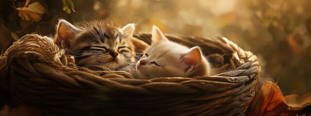 little kitten sitting in a wicker basket, Generative AI,