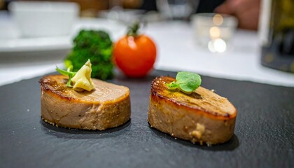  roasted sliced Foie Gras pate with butter, roasted sliced broccoli and cherry tomatoes