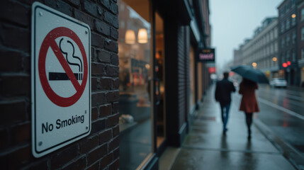 Obraz premium No smoking sign on brick wall, rainy street scene, people walking with umbrellas, urban environment, storefronts visible, moody atmosphere