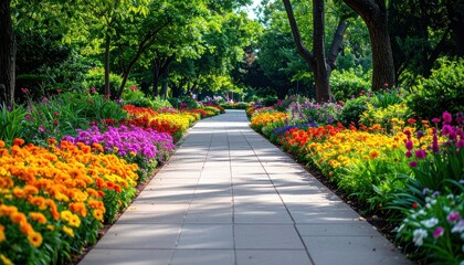 Vivid flowers line a paved path through a lush, green park under a sunlit canopy of trees