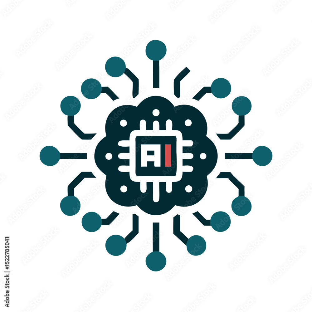 Poster ai technology icon with brain and circuit connections in blue