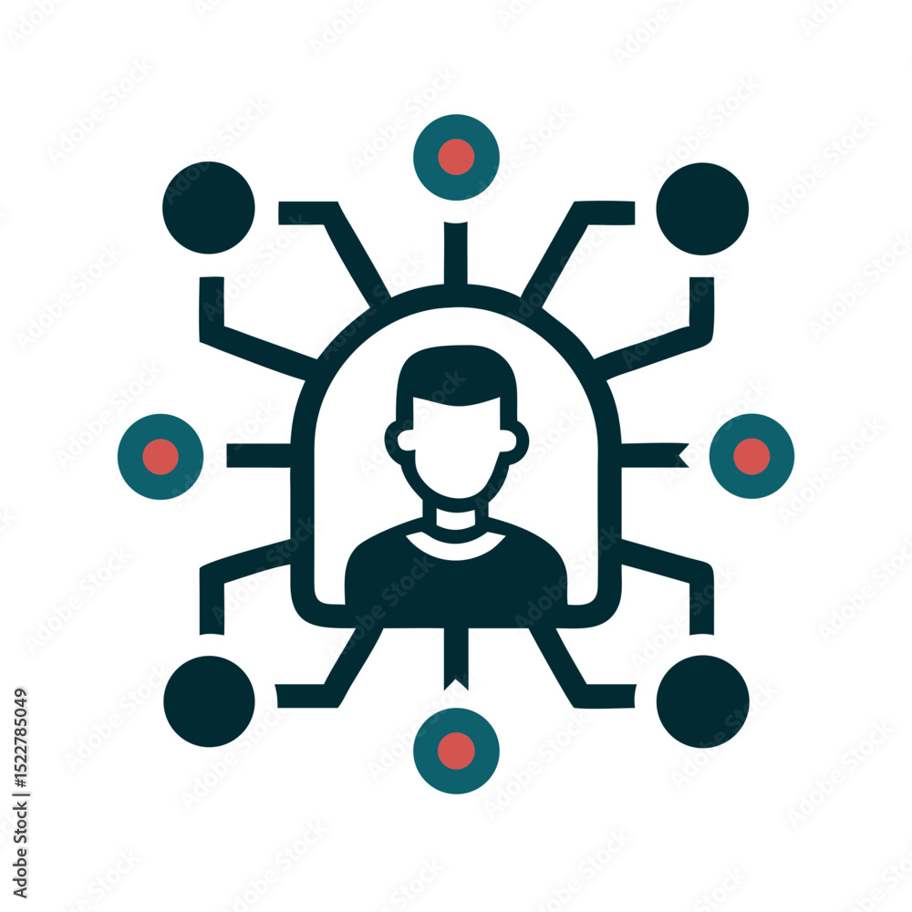 Poster abstract illustration of a person connected to multiple data nodes