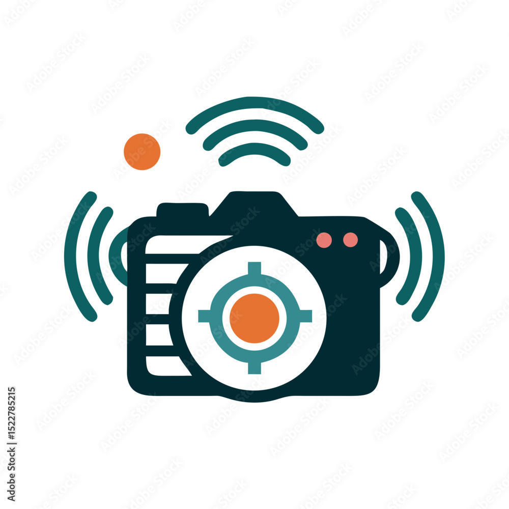 Poster digital camera icon with wireless signals and target focus graphic