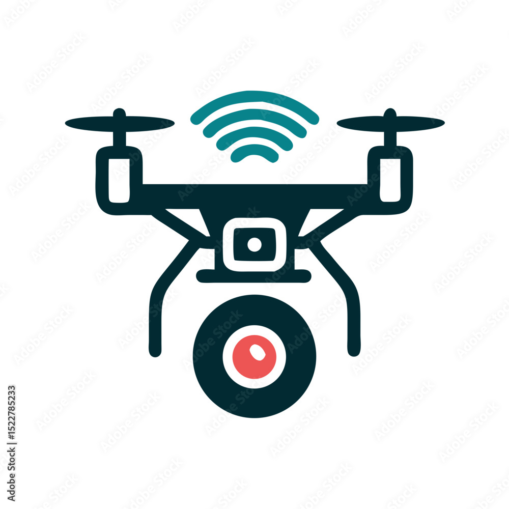 Poster drone with camera and wireless signal in flat design style