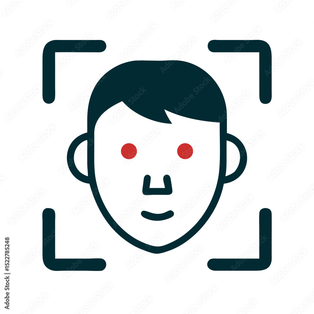 Poster simple face recognition icon with outlined features and red accents